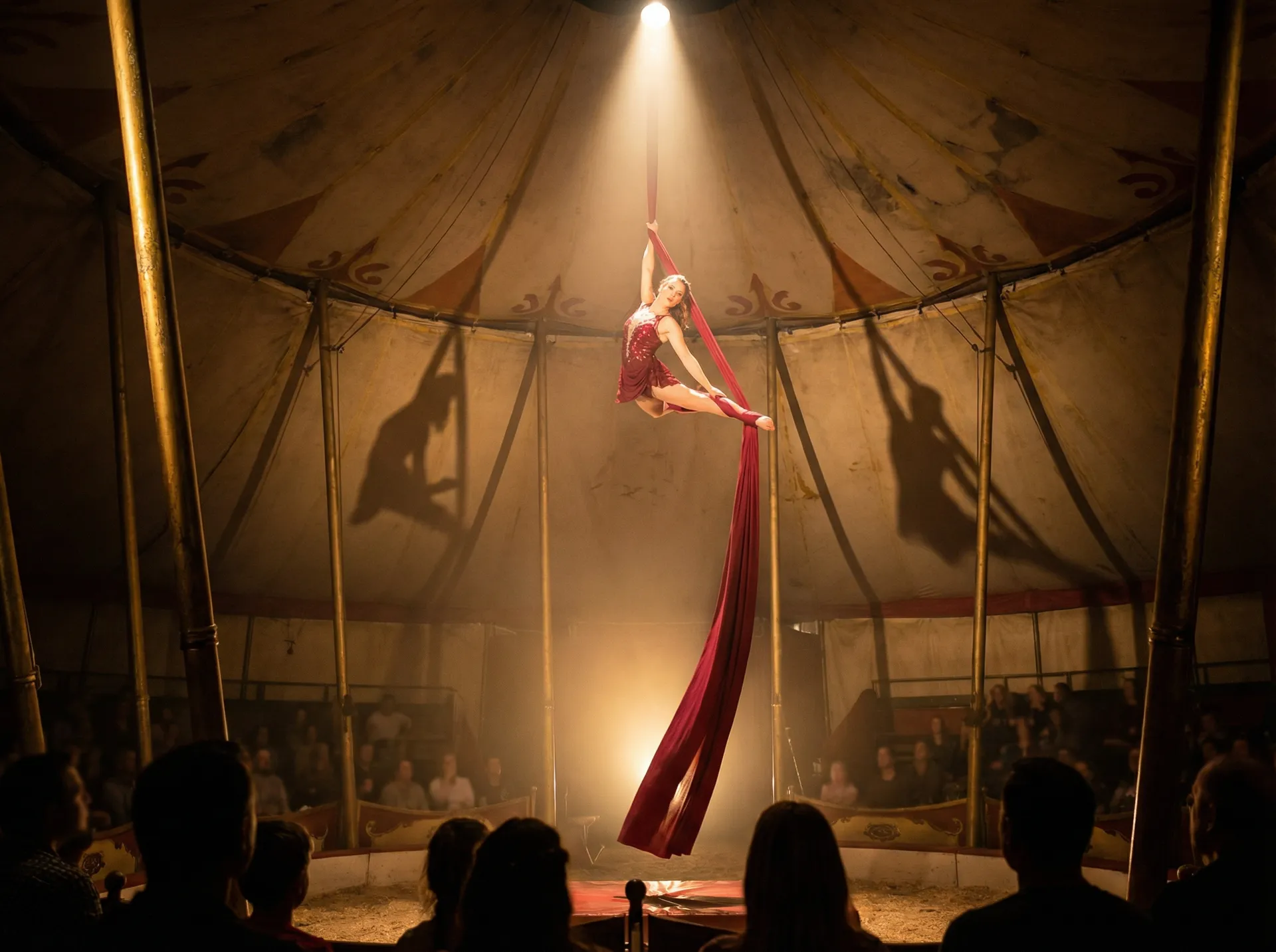 非凡娱乐 - 空中绸吊表演者在马戏帐篷穹顶下优雅悬挂