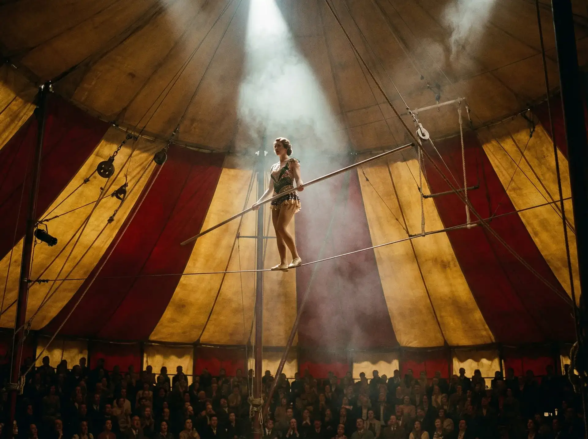 非凡娱乐 - 走钢丝艺术家在马戏帐篷中高空表演平衡技艺