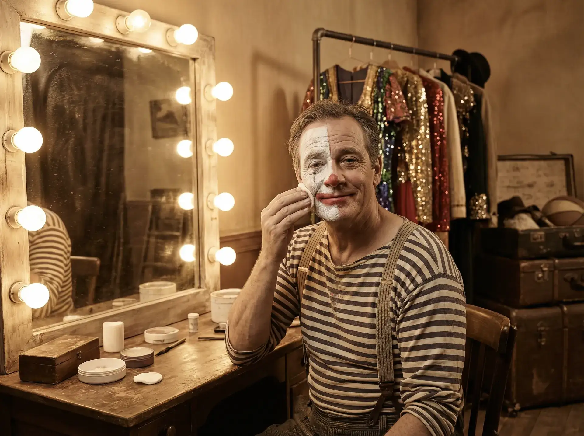 非凡娱乐 - 小丑在后台镜前卸妆展露疲惫而满足的真实面容