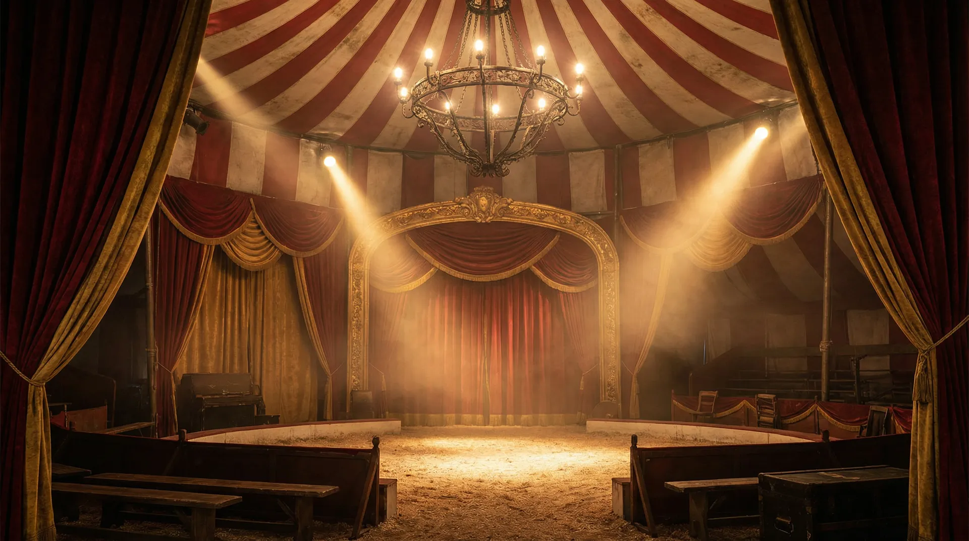 非凡娱乐 - 复古马戏团华丽舞台内景，天鹅绒红帷幕与金色聚光灯交相辉映